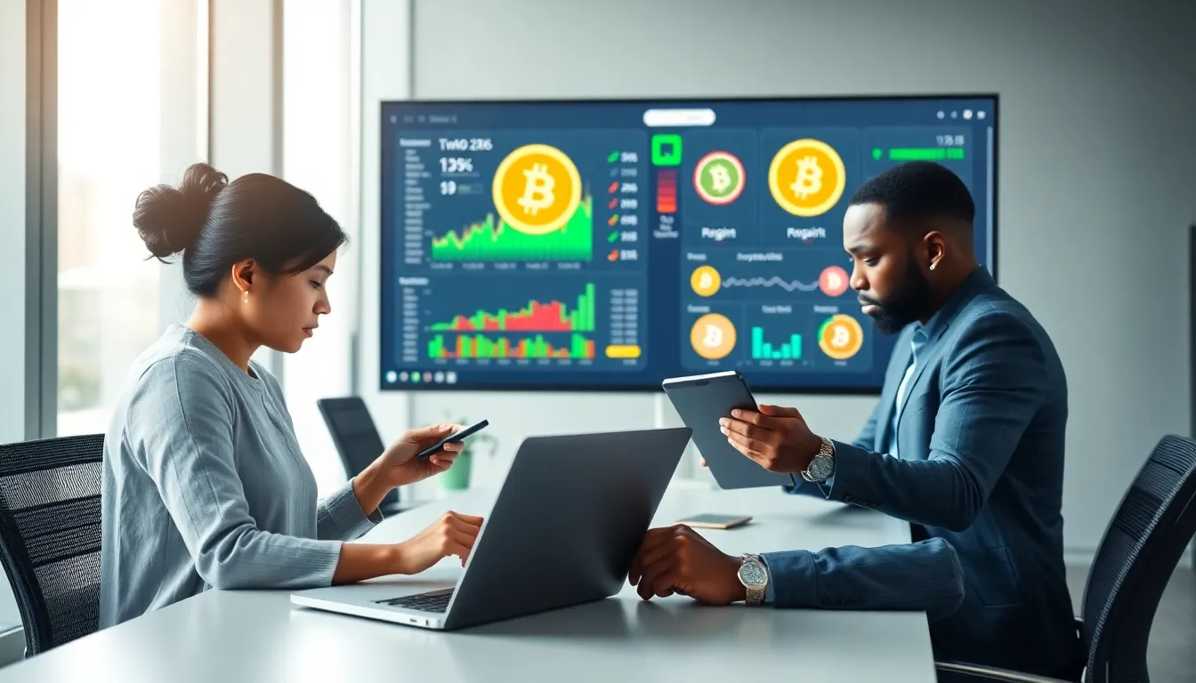 diverse professionals discussing cryptocurrency investments in a modern office.