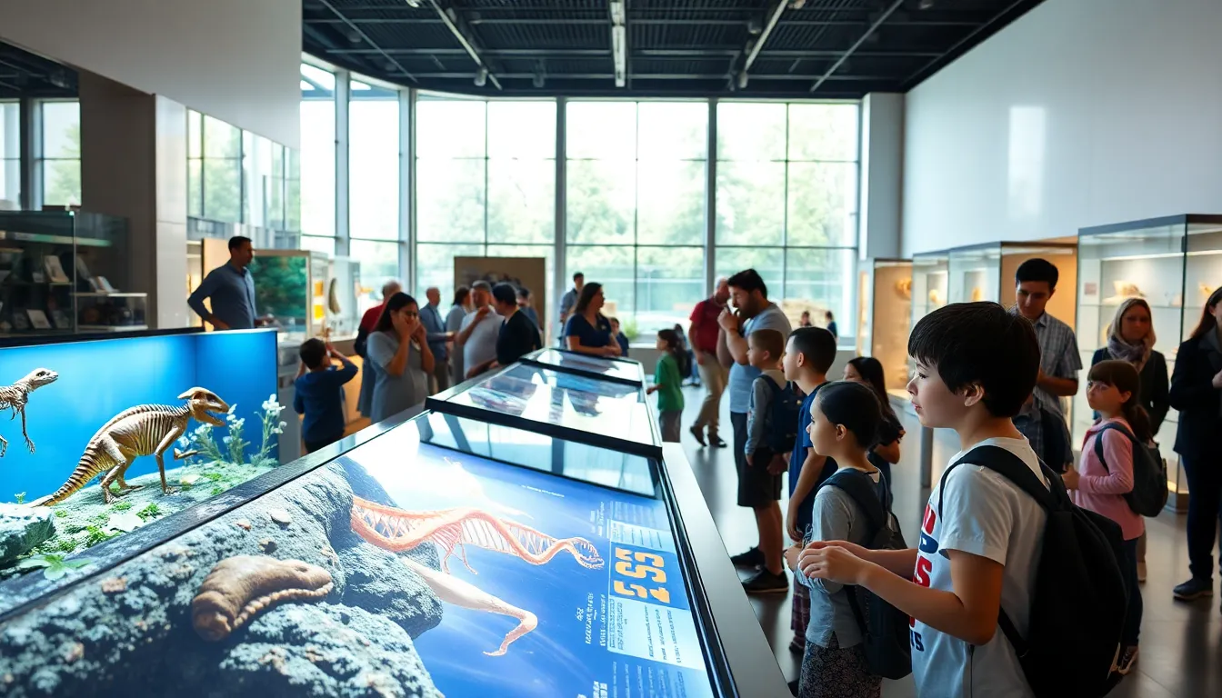 visitors engaging with interactive exhibits in a modern life science museum.