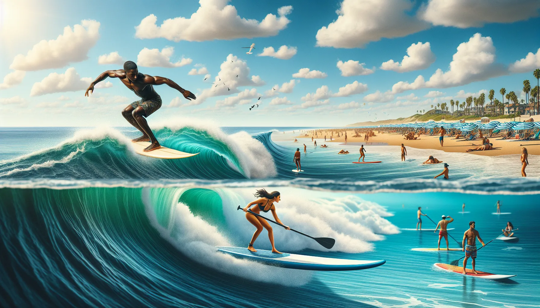 A surfer and a paddleboarder each enjoying their activities in a coastal setting.