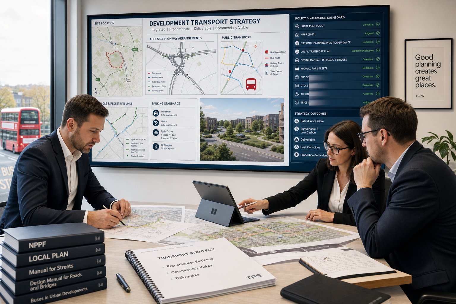 Transport consultants reviewing a UK site strategy in a modern office.