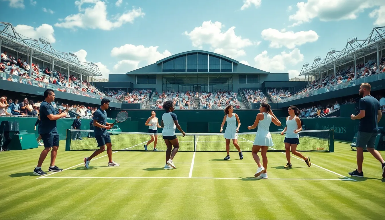 diverse players in modern tennis match on a vibrant court.