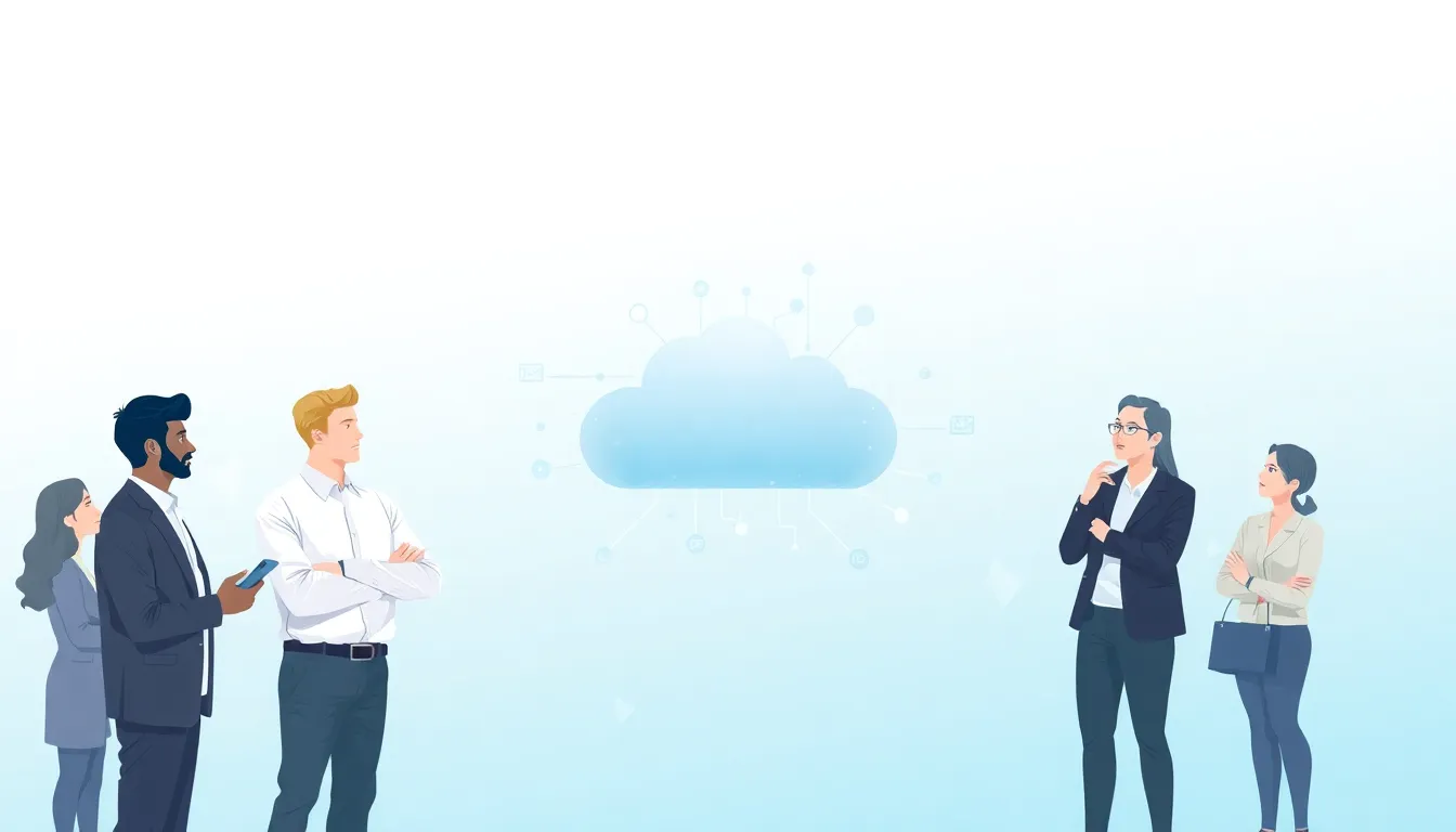 modern cloud computing icon with diverse professionals discussing.