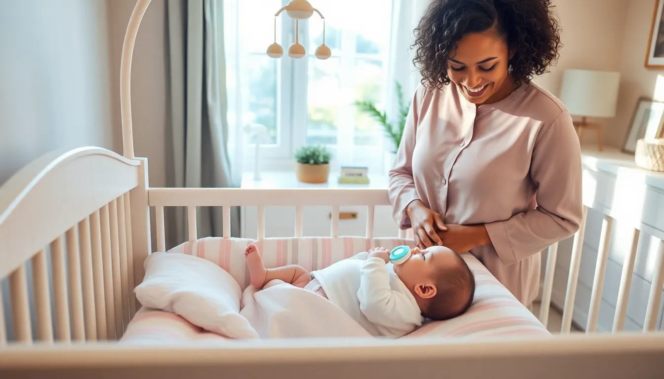 newborn in crib with pacifier and parent in a calm nursery.