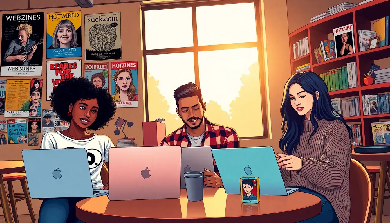a diverse group of young adults collaborating on webzine projects in a coffee shop.