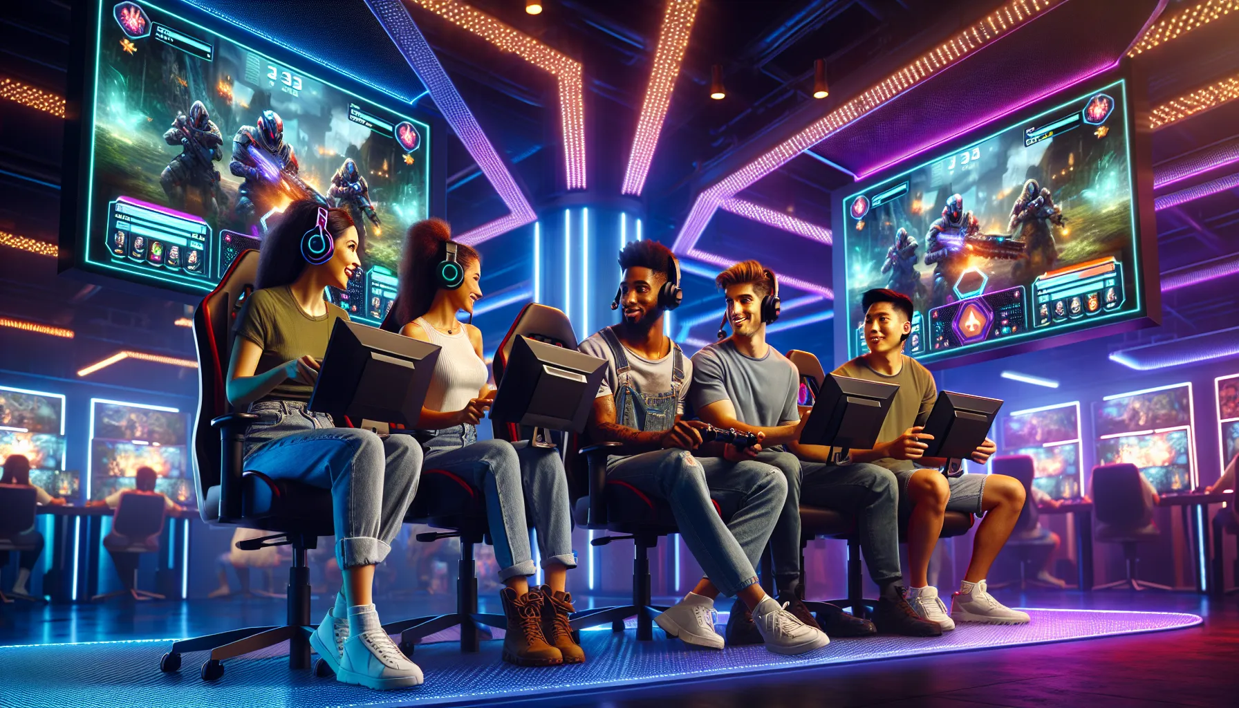 diverse gamers collaborating in a modern gaming lounge.