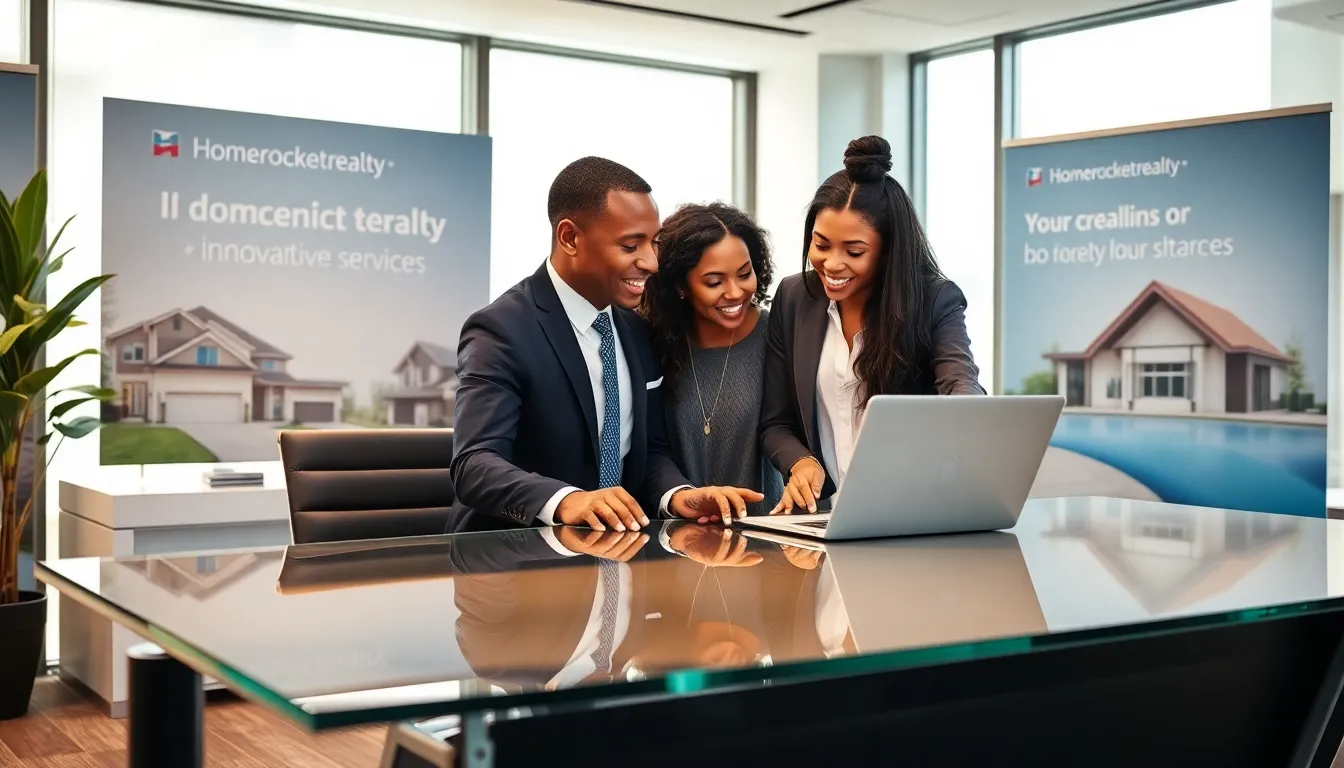 real estate agent assisting clients in a modern office.