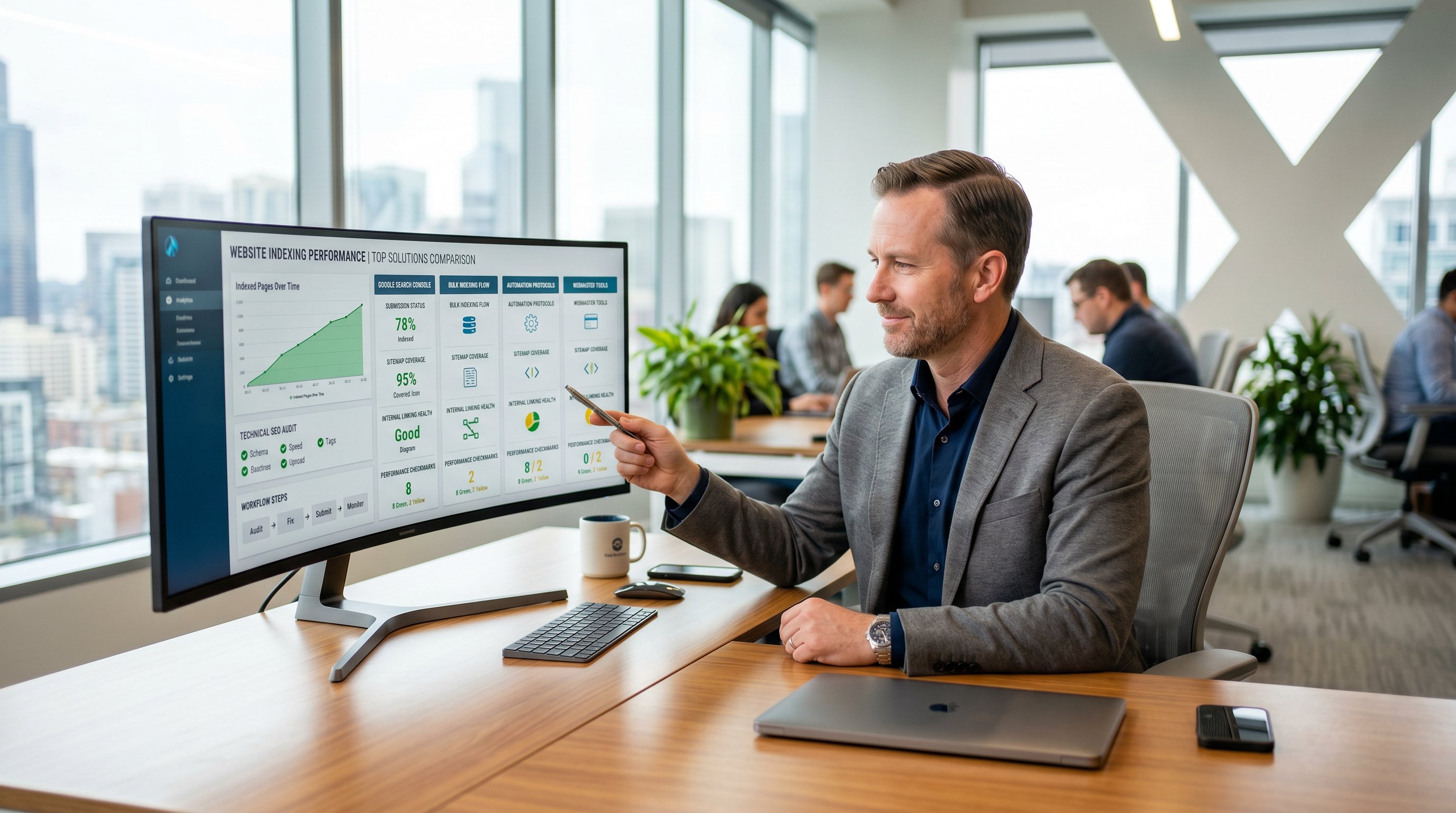SEO specialist comparing Google indexing tools on a modern analytics dashboard.