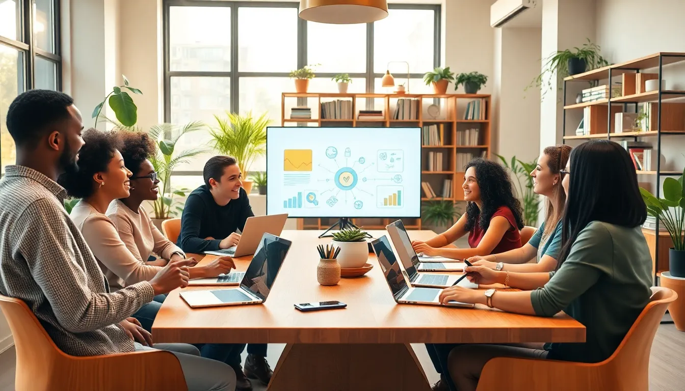 diverse group collaborating in a modern co-working space.