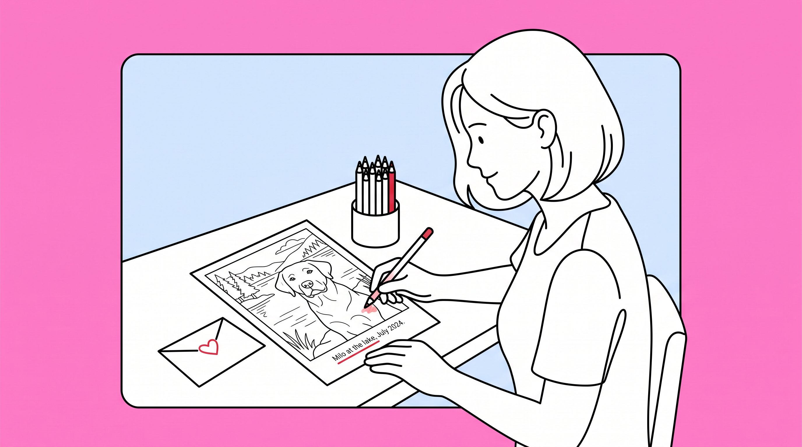 Woman colors a custom dog photo coloring page with pencils.