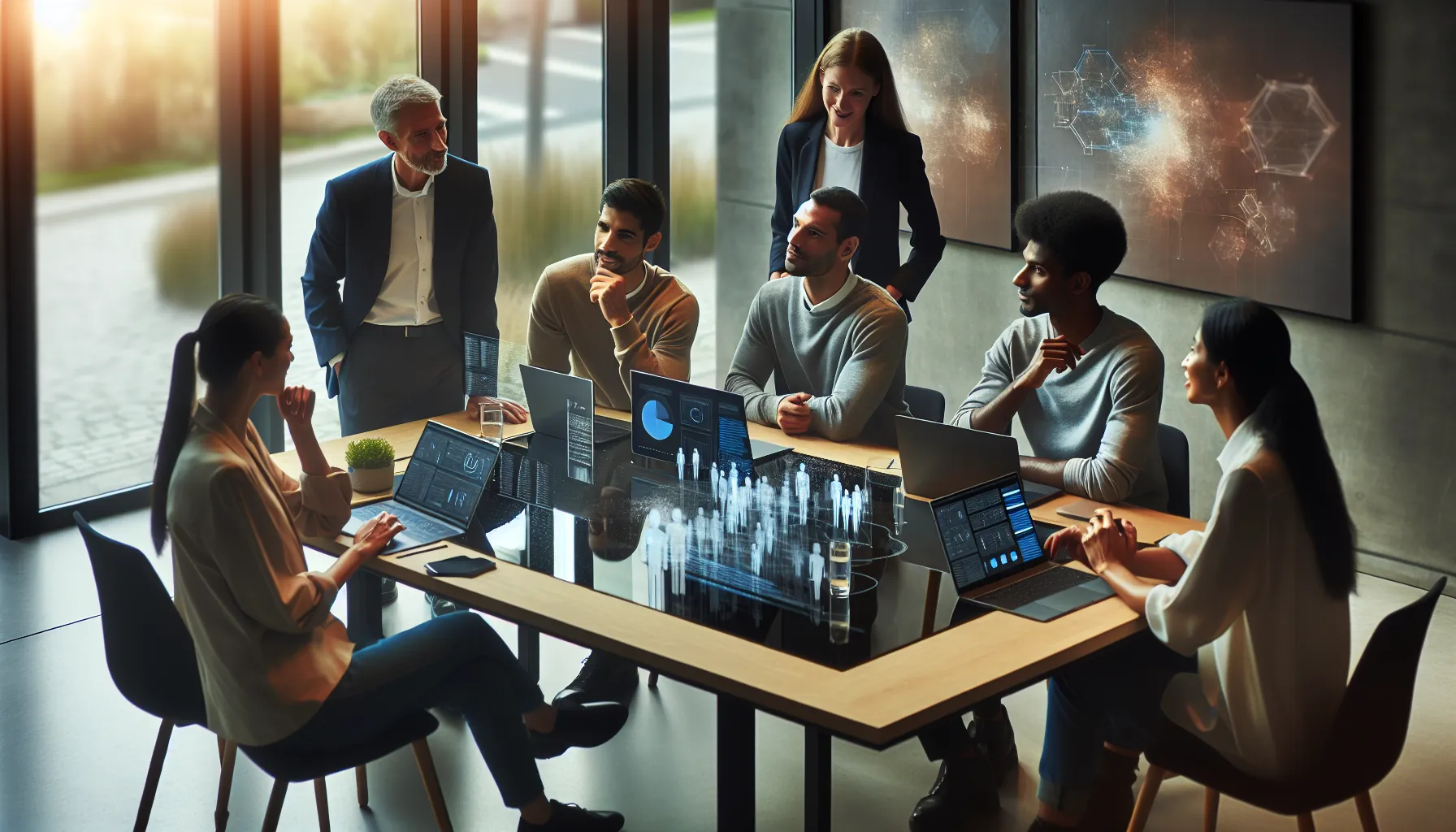 diverse professionals collaborating in a modern office setting.