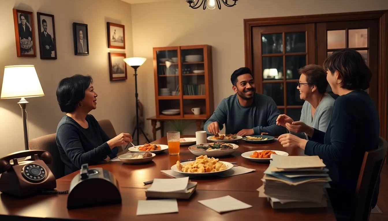 friends sharing stories around a dinner table in a cozy living room.