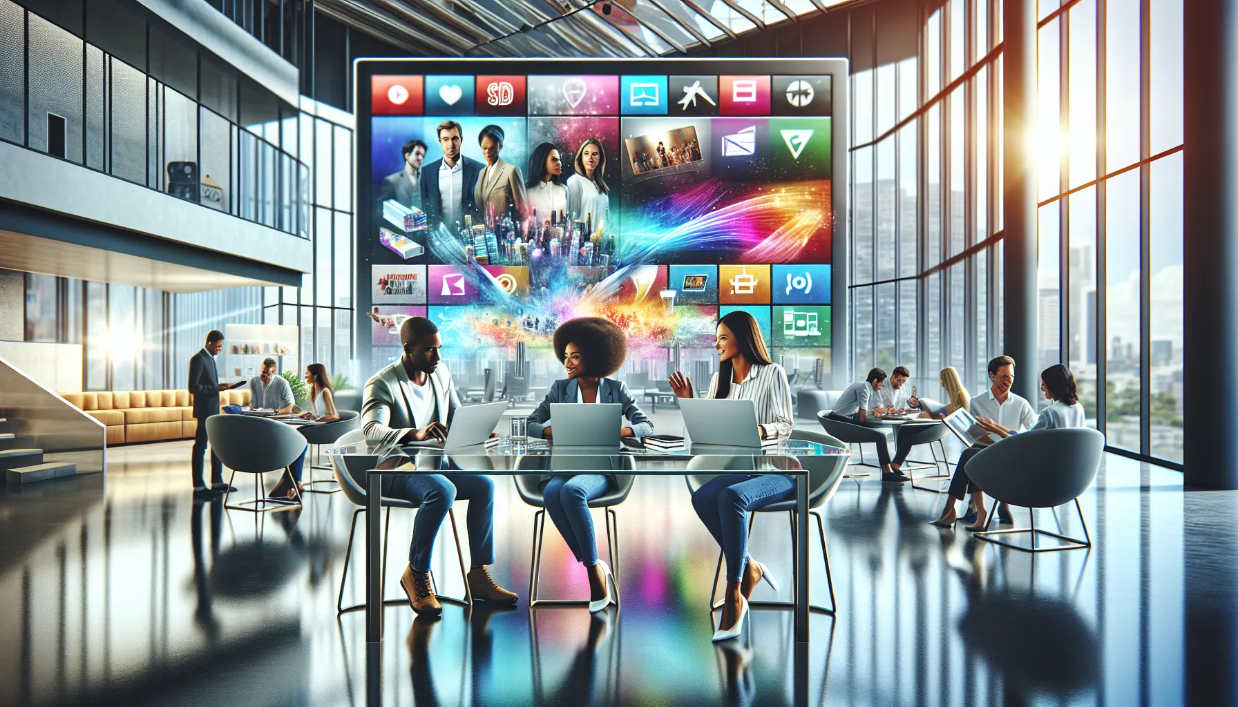 professionals collaborating over a digital platform in a modern workspace.