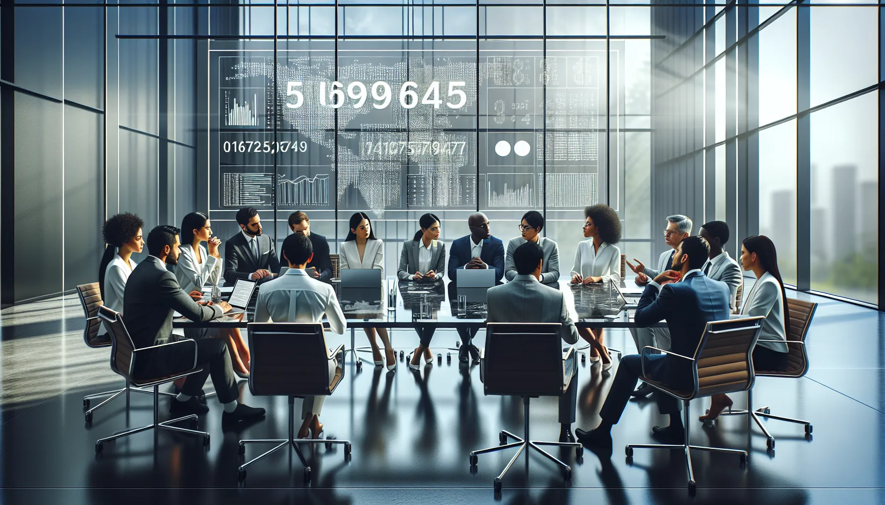 diverse professionals collaborating in a modern office on data analysis.