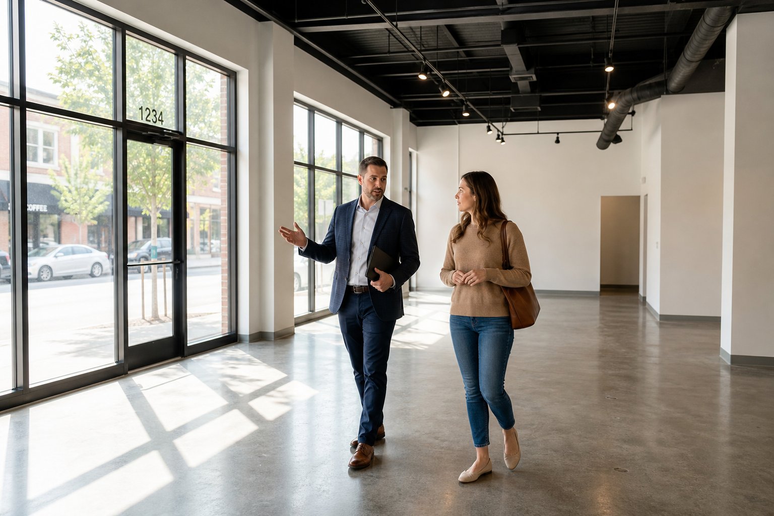 Commercial mortgage broker and client viewing a vacant retail unit with large windows