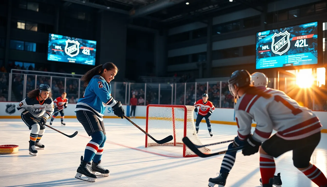 young hockey players practicing in a modern rink with digital displays.