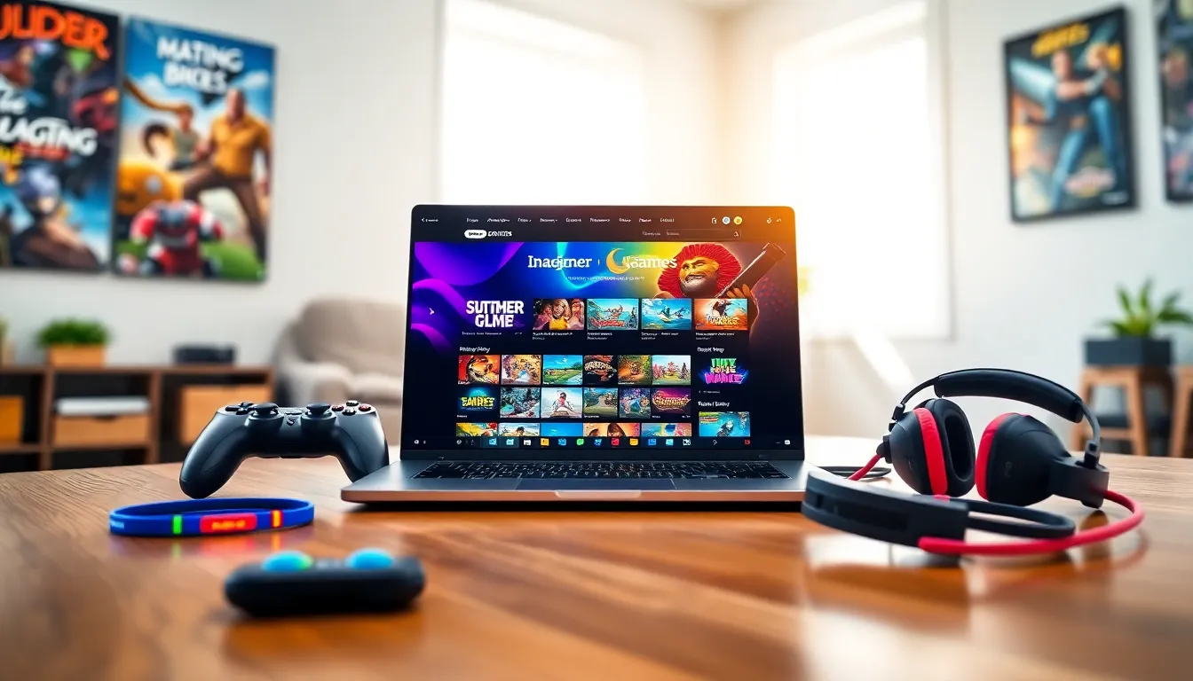 A lively gaming setup featuring the ImagineerGames.com interface on a laptop.