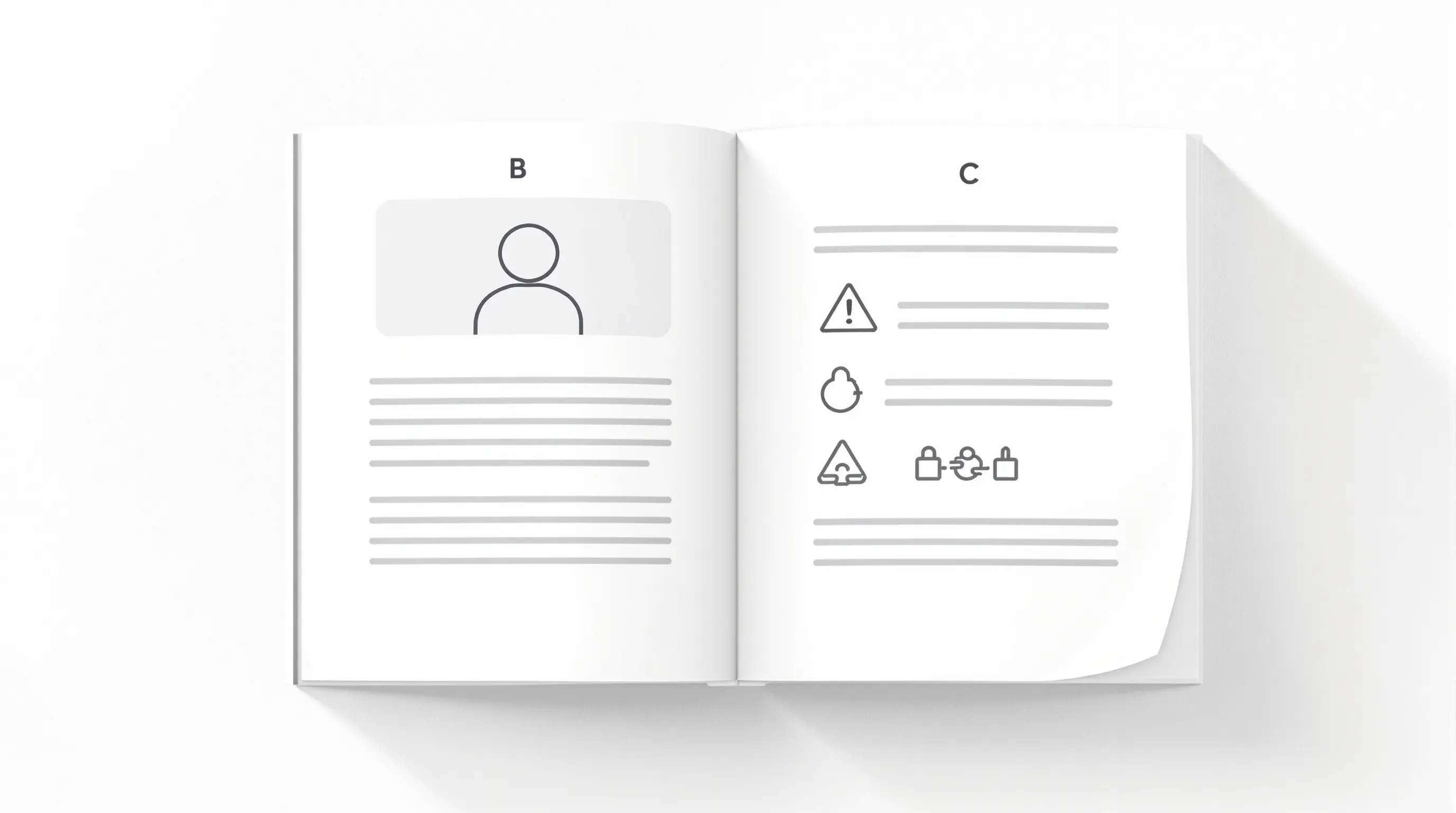 Open document with sections B and C showing ownership icon and legal burden symbols.