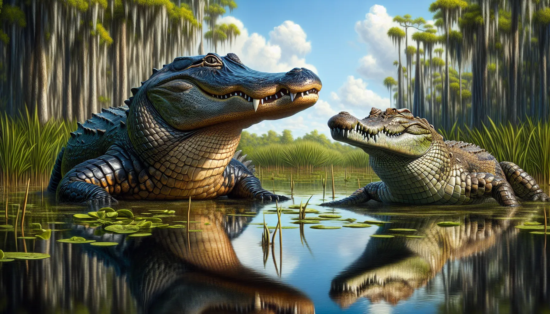 an alligator and a crocodile in a Florida wetland.