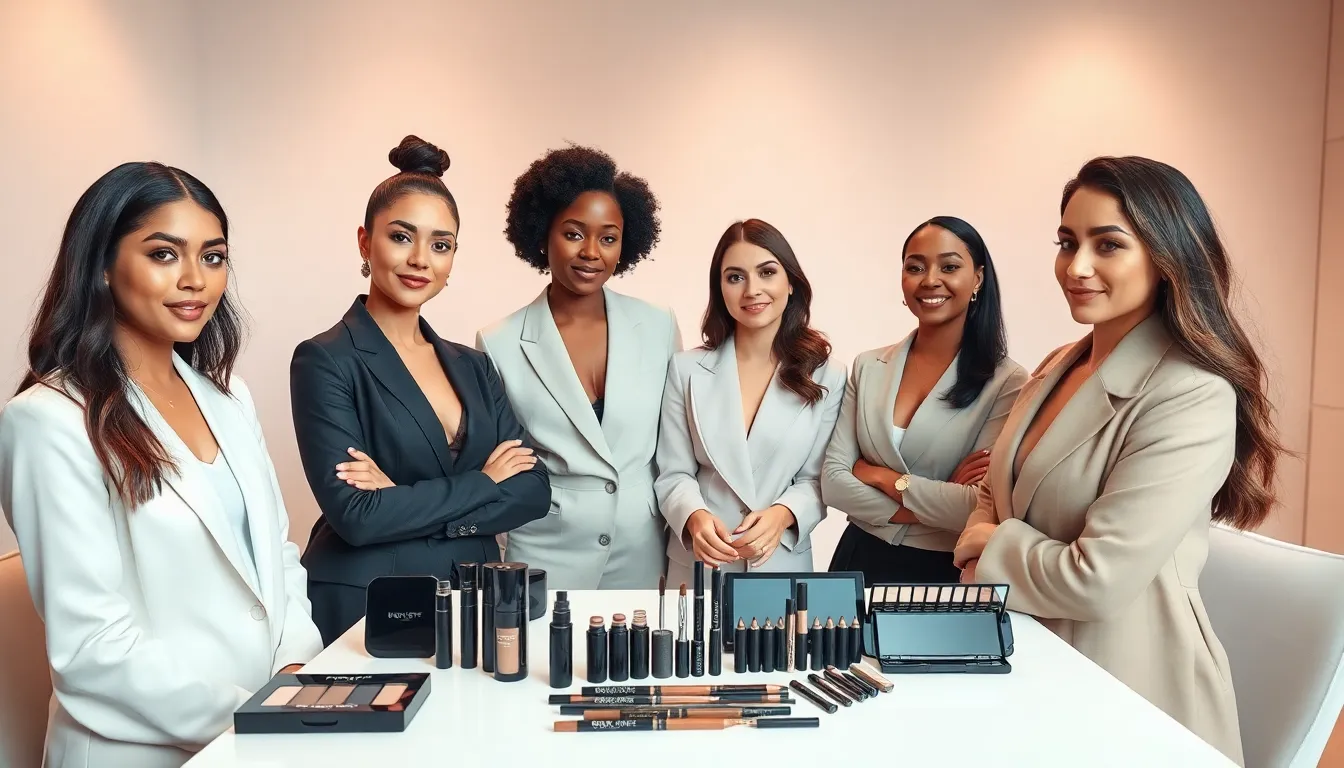 diverse professionals discussing eyebrow shapes in a modern beauty studio.