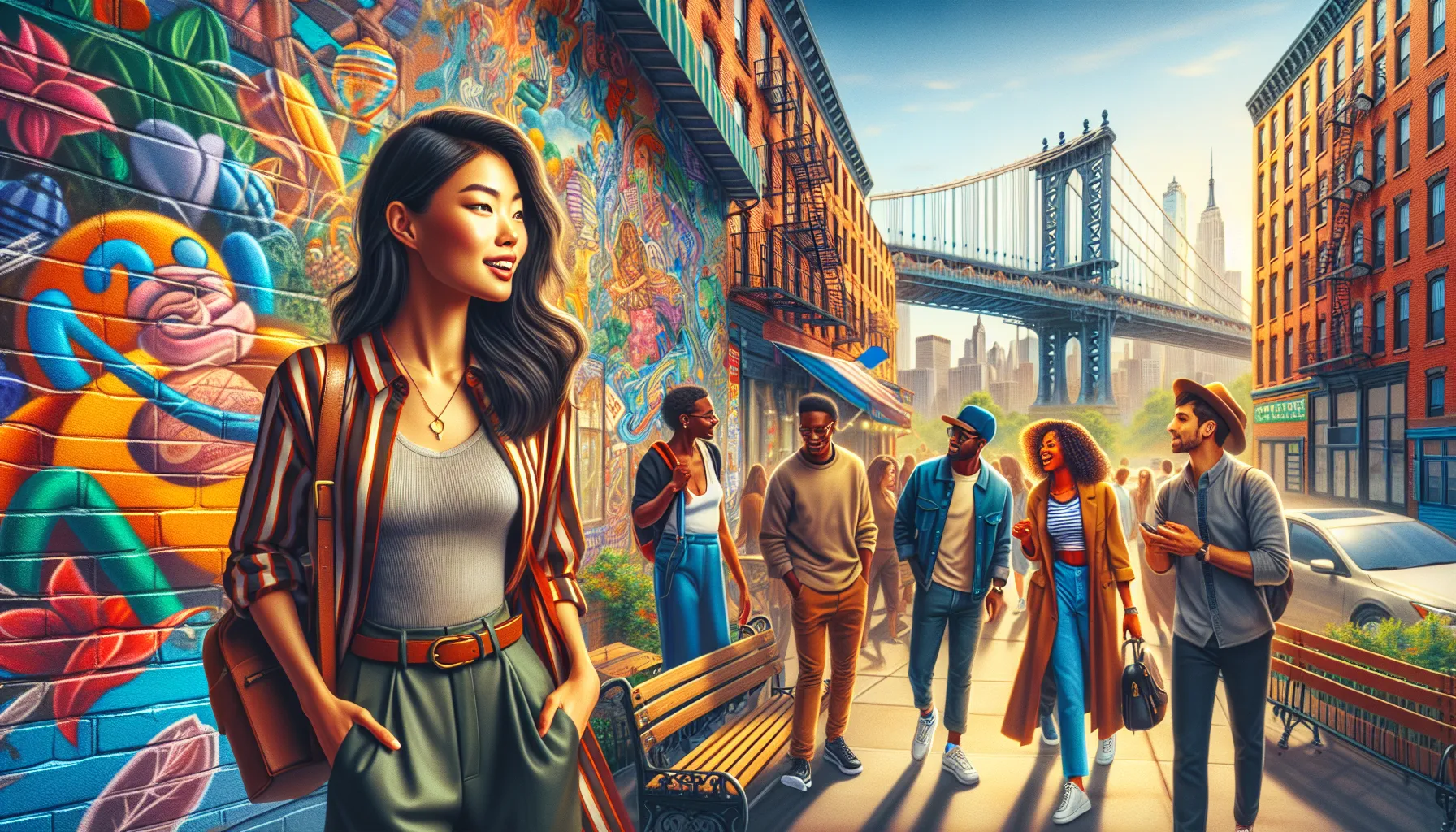 Abbi exploring vibrant NYC neighborhood with friends near a colorful mural.