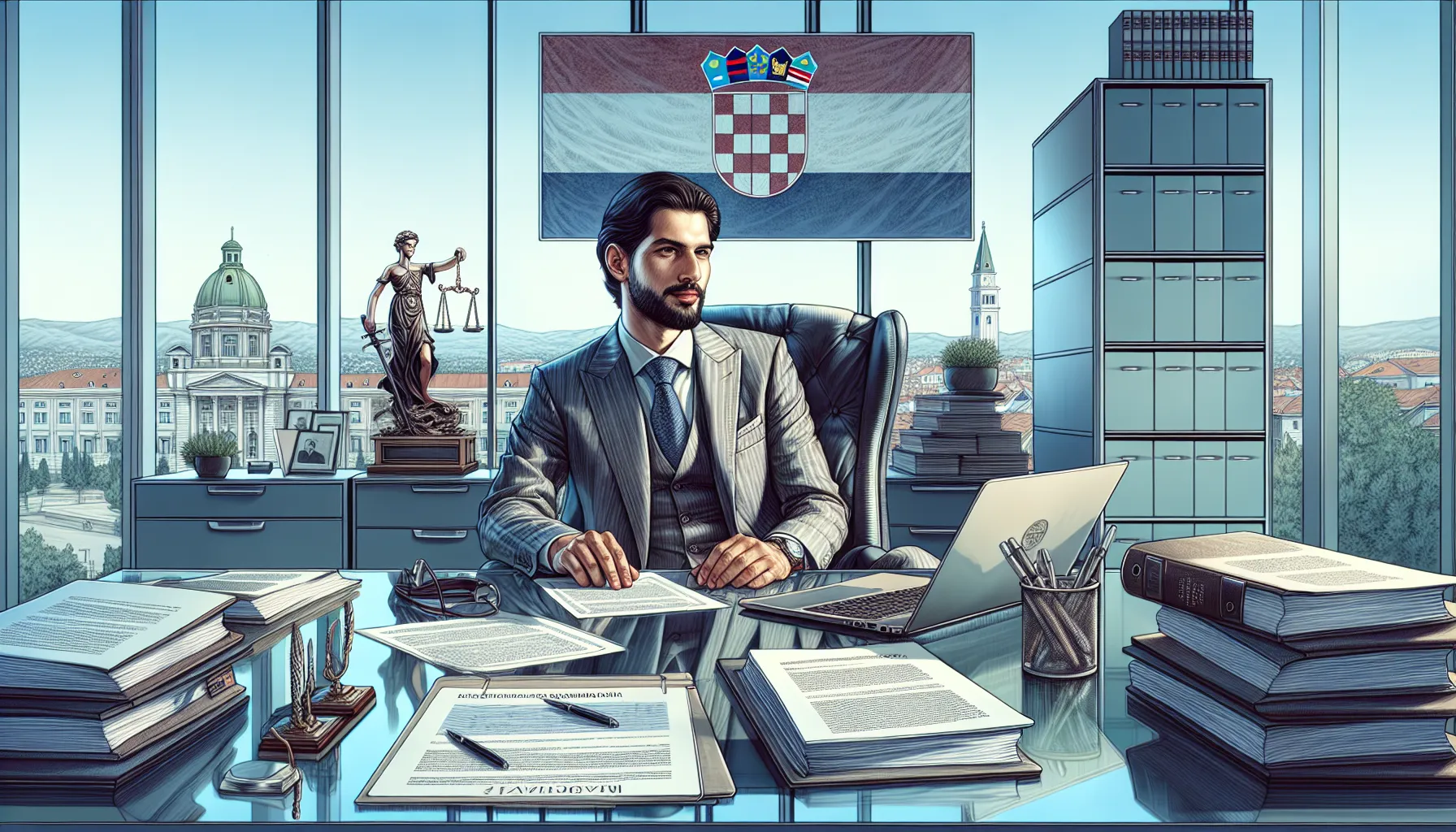 Professional reviewing workplace legal documents in modern Croatian office setting.