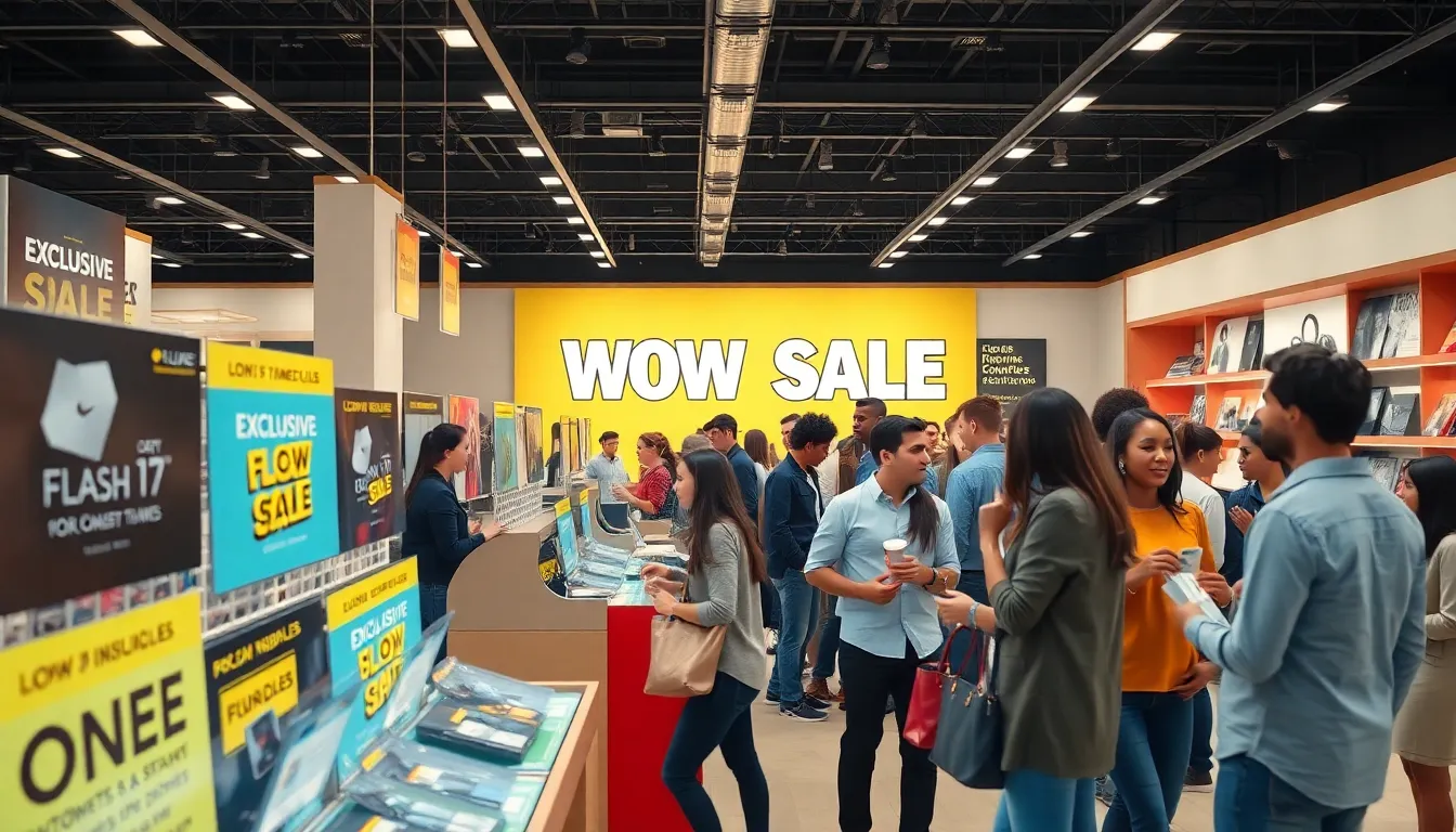 Diverse shoppers engaged in a vibrant retail 'Wow Sale' event.