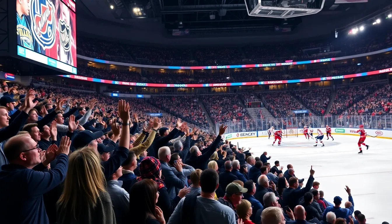 fans celebrating a goal during a hockey game.