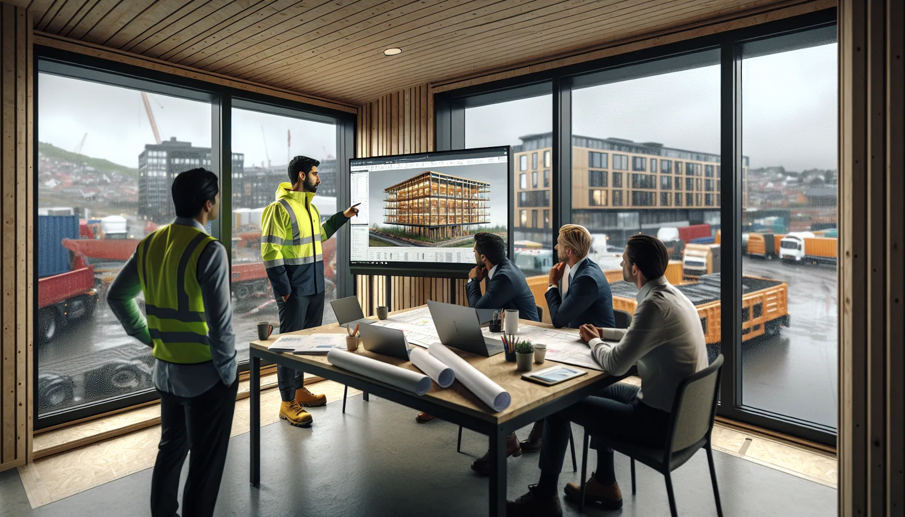 Norwegian project team reviews a bim model together in a site office.