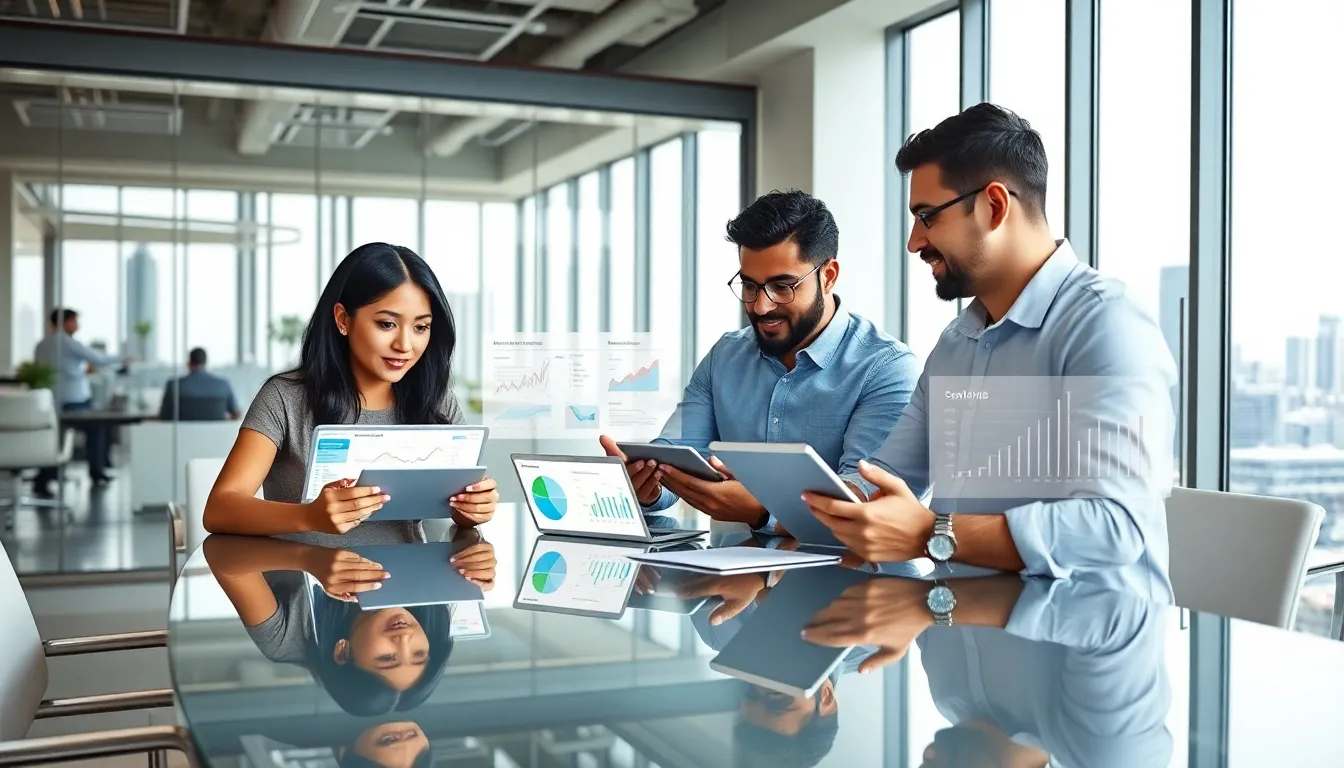 Professionals analyzing data in a modern office setting.