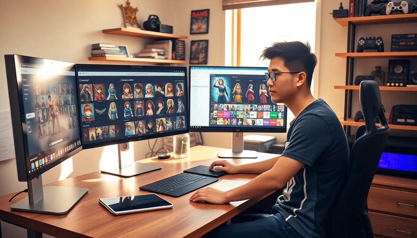 a young man creating characters on a computer in a modern workspace.