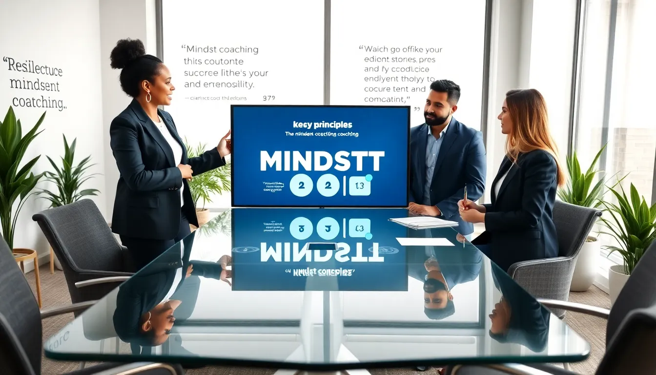 diverse team in a modern coaching office discussing mindset techniques.