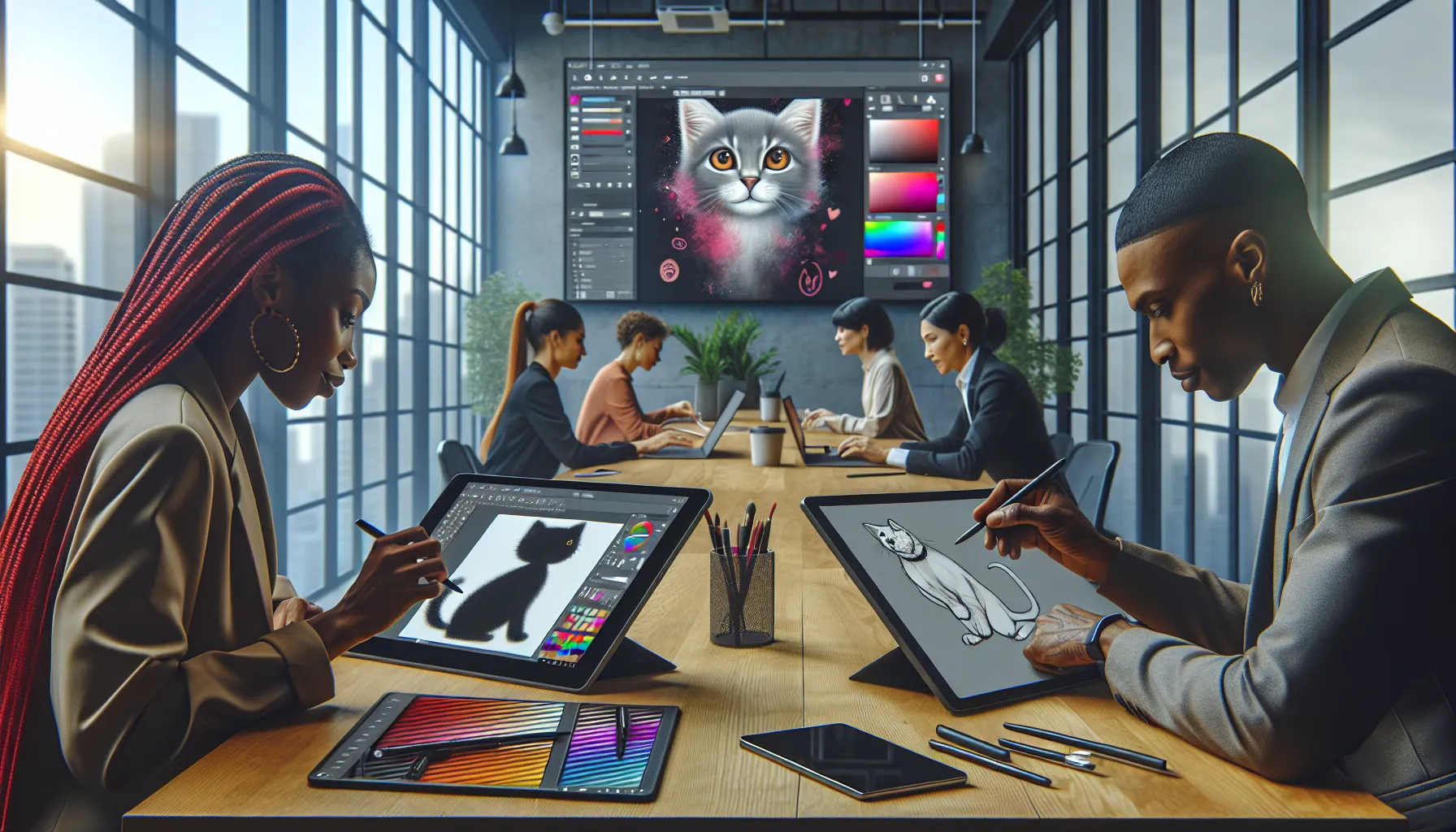 professionals using the Draw65536 app in a modern office setting.