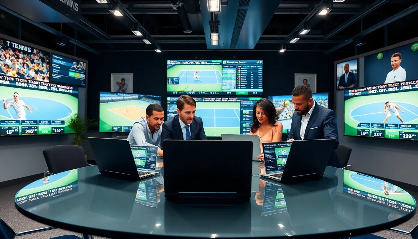 professionals collaborating in a modern sports newsroom focused on tennis.