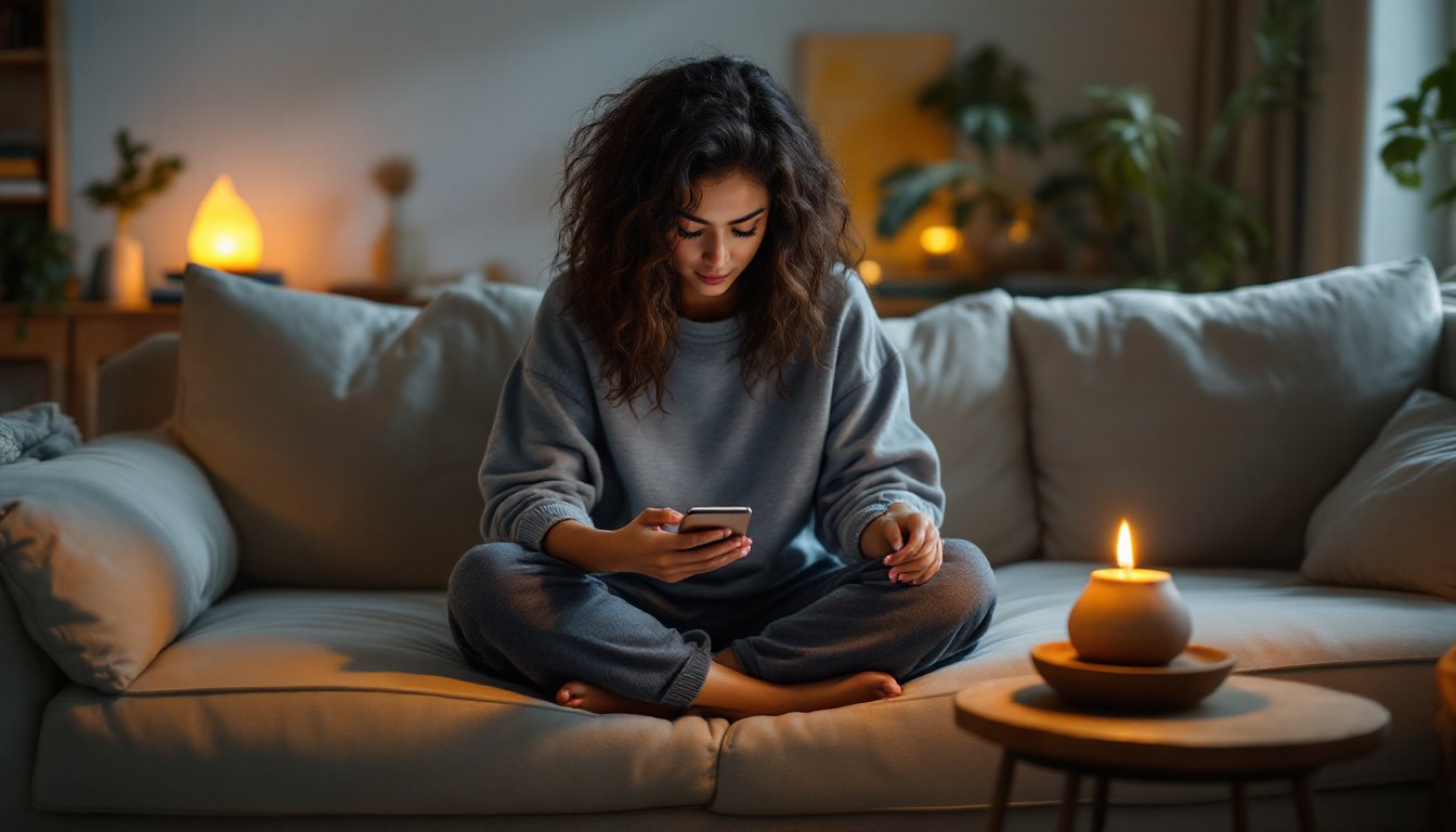 Woman placing her phone aside on a cozy dimly lit sofa at night.