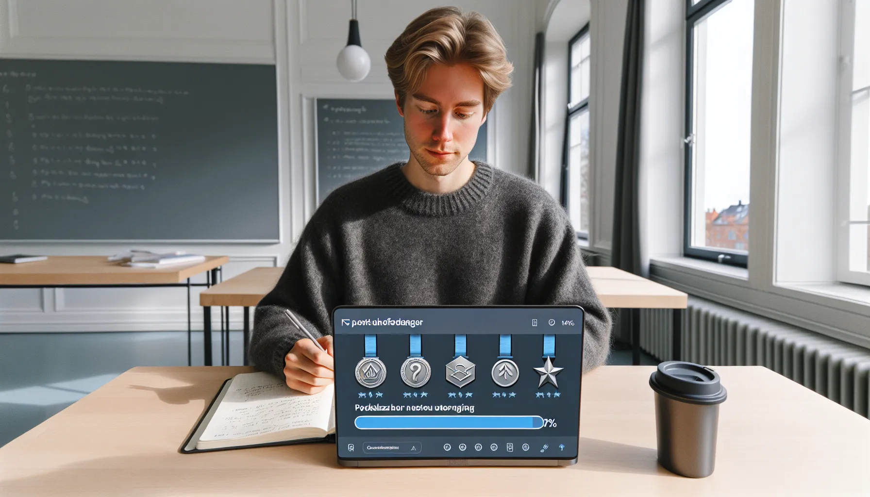 Hvordan gamification kan forbedre læring og trening 2 Norwegian learner viewing an lms with progress bar, points, badges, and leaderboard.