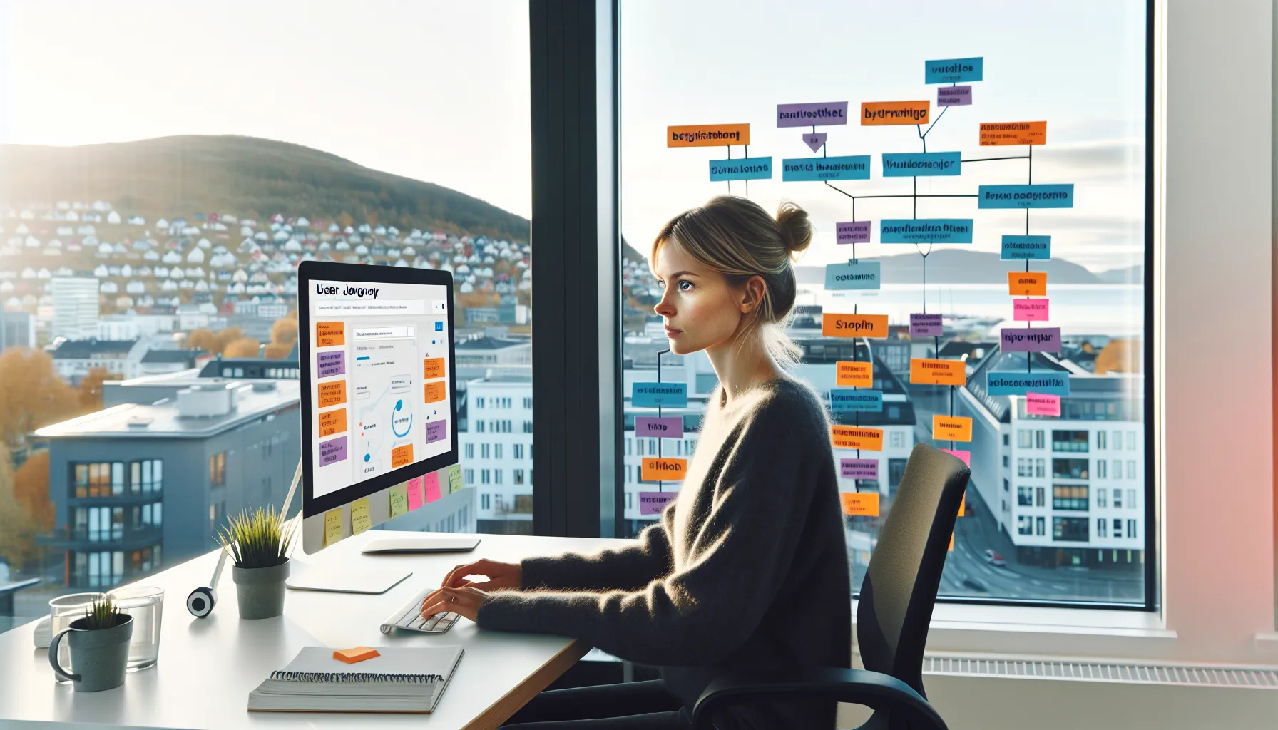 Norwegian marketer mapping customer keywords along a user journey at her desk.