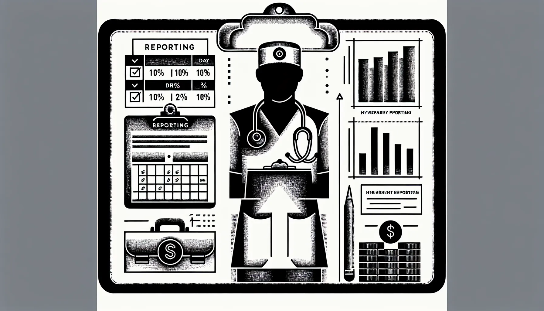 Relief veterinarian with clipboard showing pay models and contract icons.