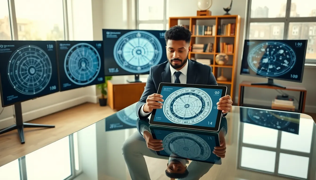 Astrologer interpreting a birth chart in a modern office.
