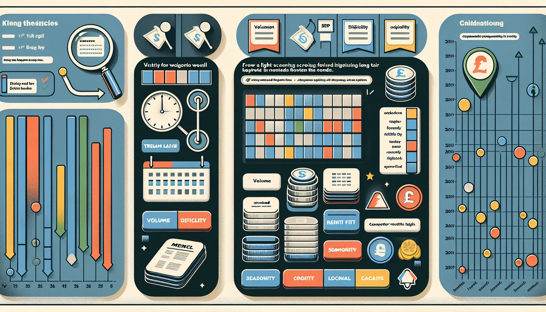 Flow showing UK long-tail keyword prioritisation by fit, SERP, seasonality, revenue.
