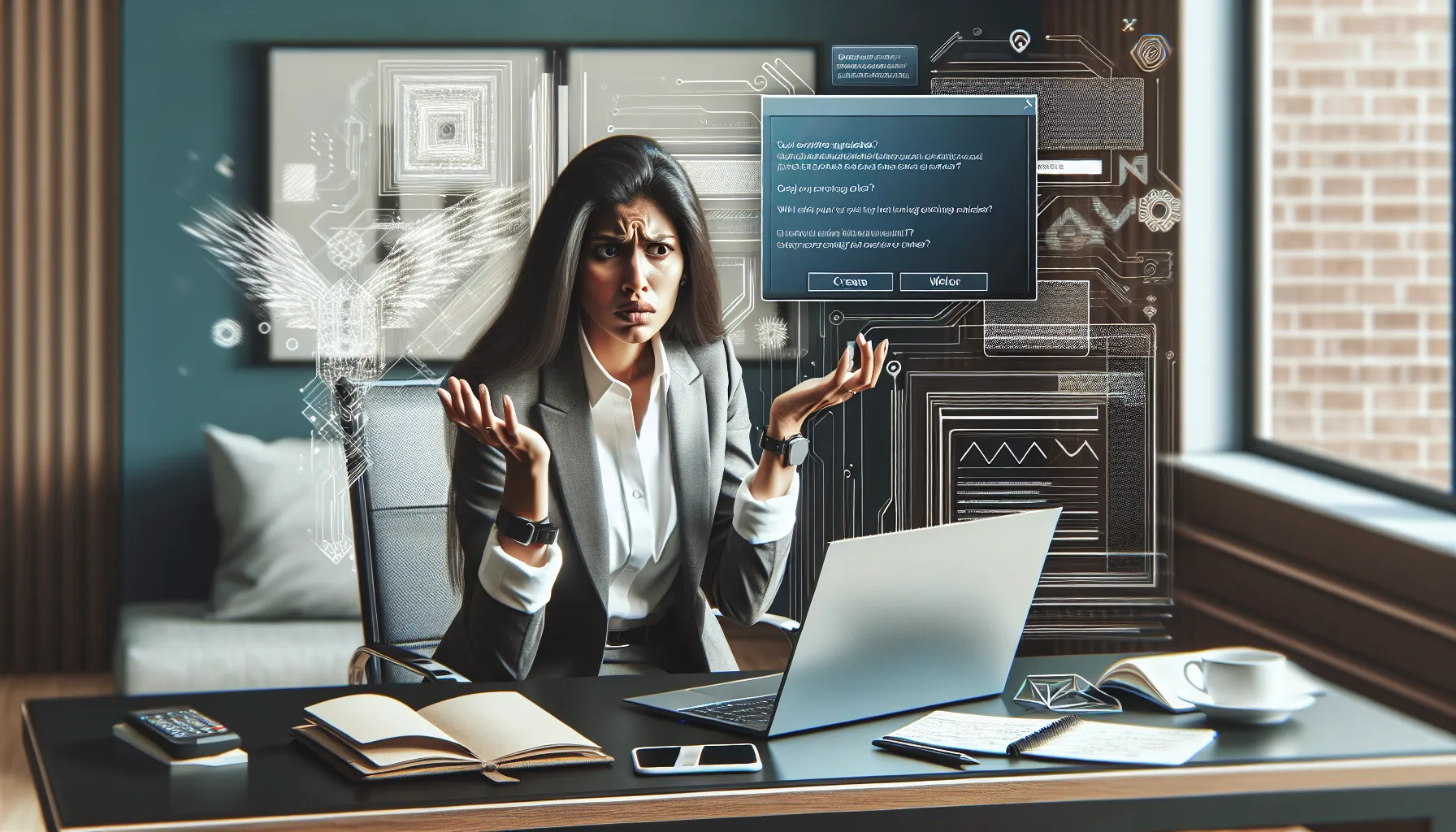 Frustrated professional dealing with software update issues in a modern office.