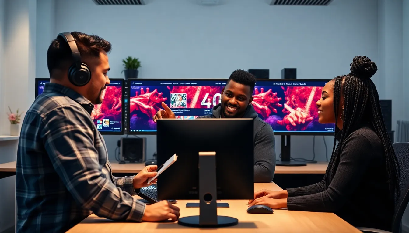 diverse gamers collaborating in a modern workspace focused on gaming tools.
