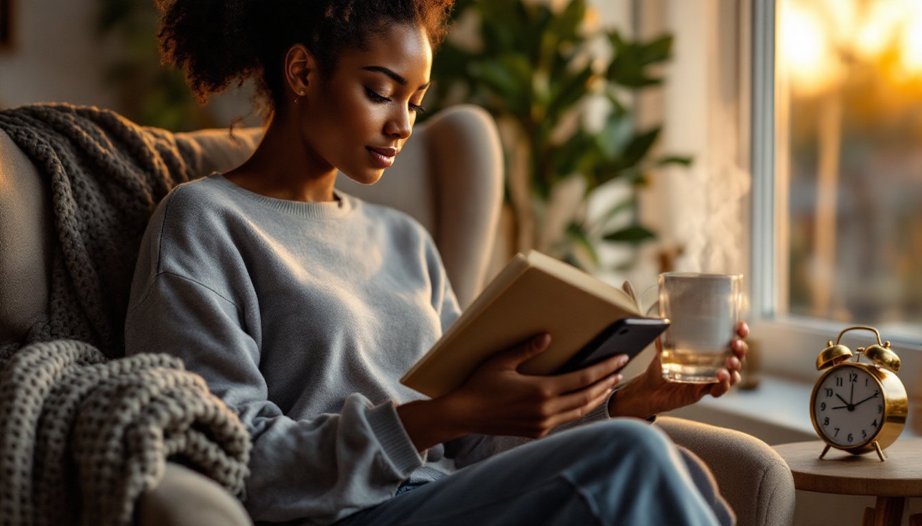 Woman reading a book with warm water, phone set aside, in a calm evening room.