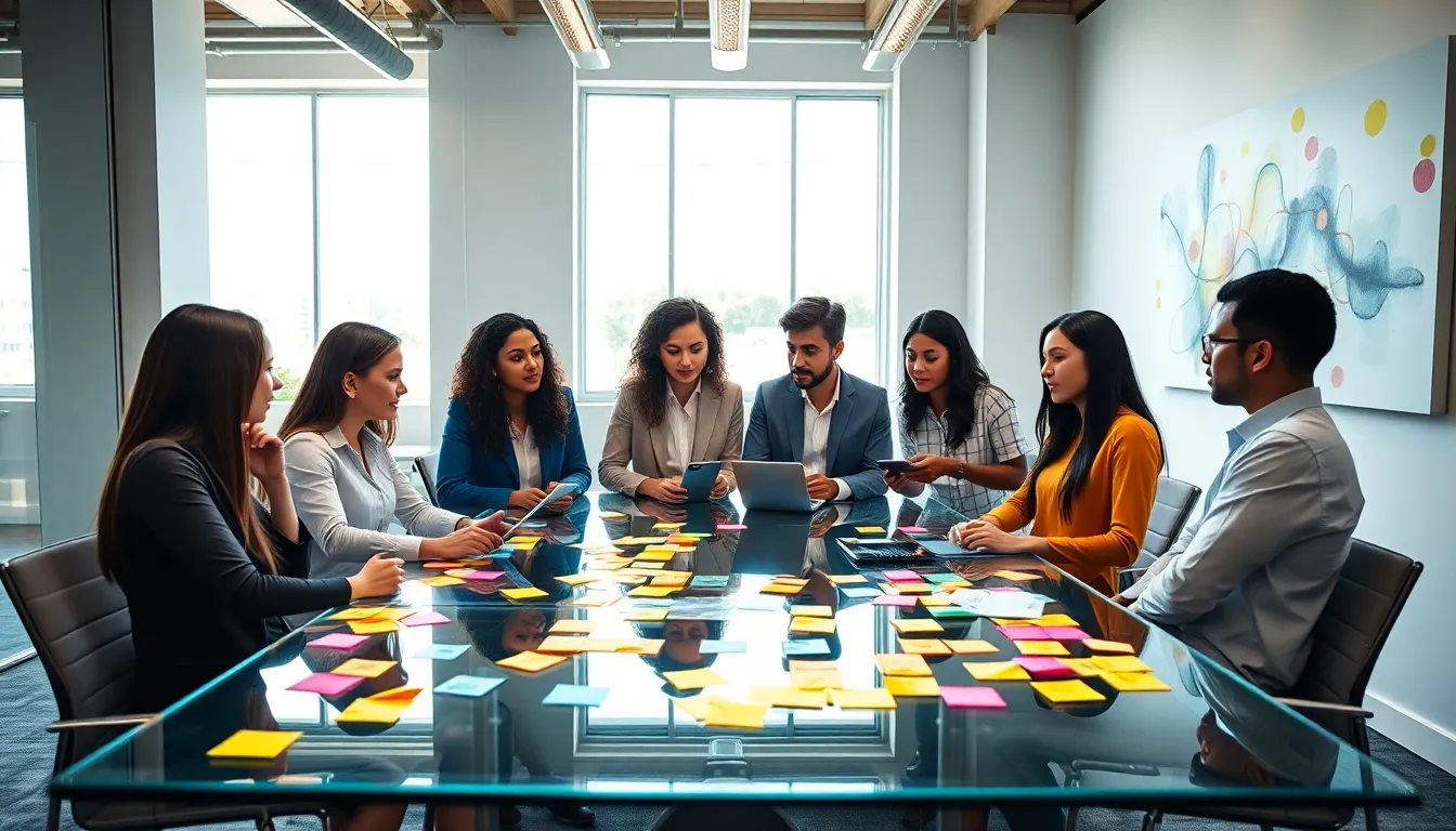 diverse team brainstorming in a modern office space.