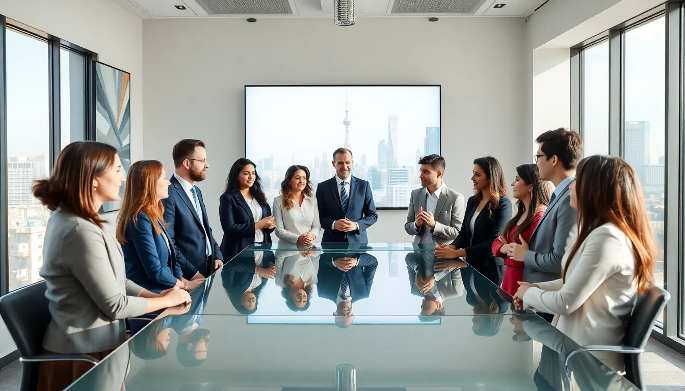 diverse team discussing Auzuoşm principles in a modern office.