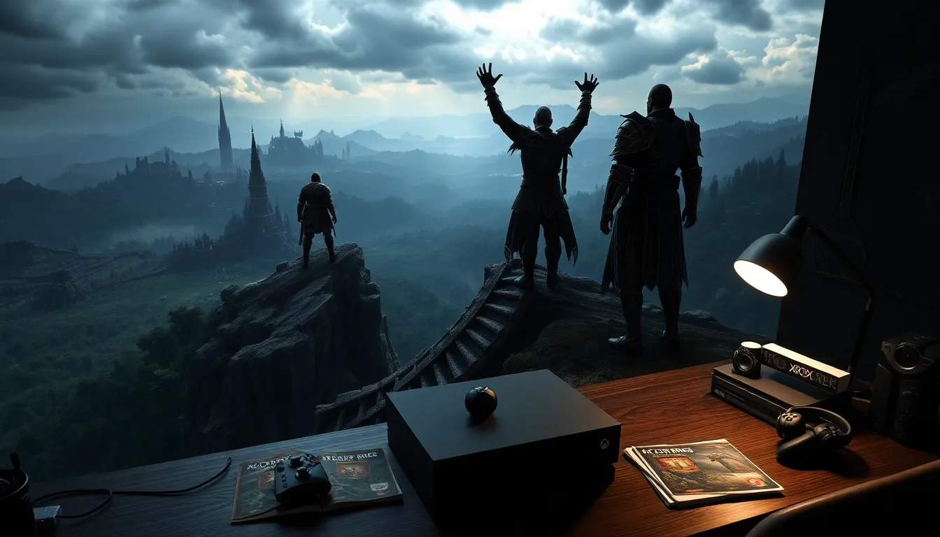 gamer exploring Elden Ring on Xbox in a fantasy landscape.