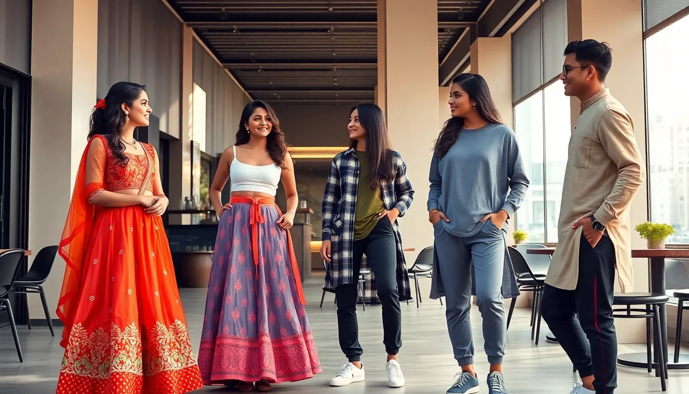 diverse individuals showcasing fusion wear in an urban café setting.