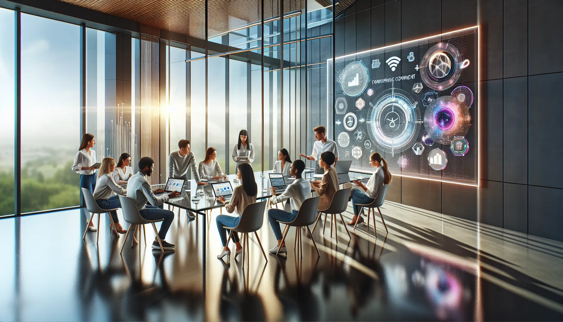 diverse team brainstorming around a modern conference table.