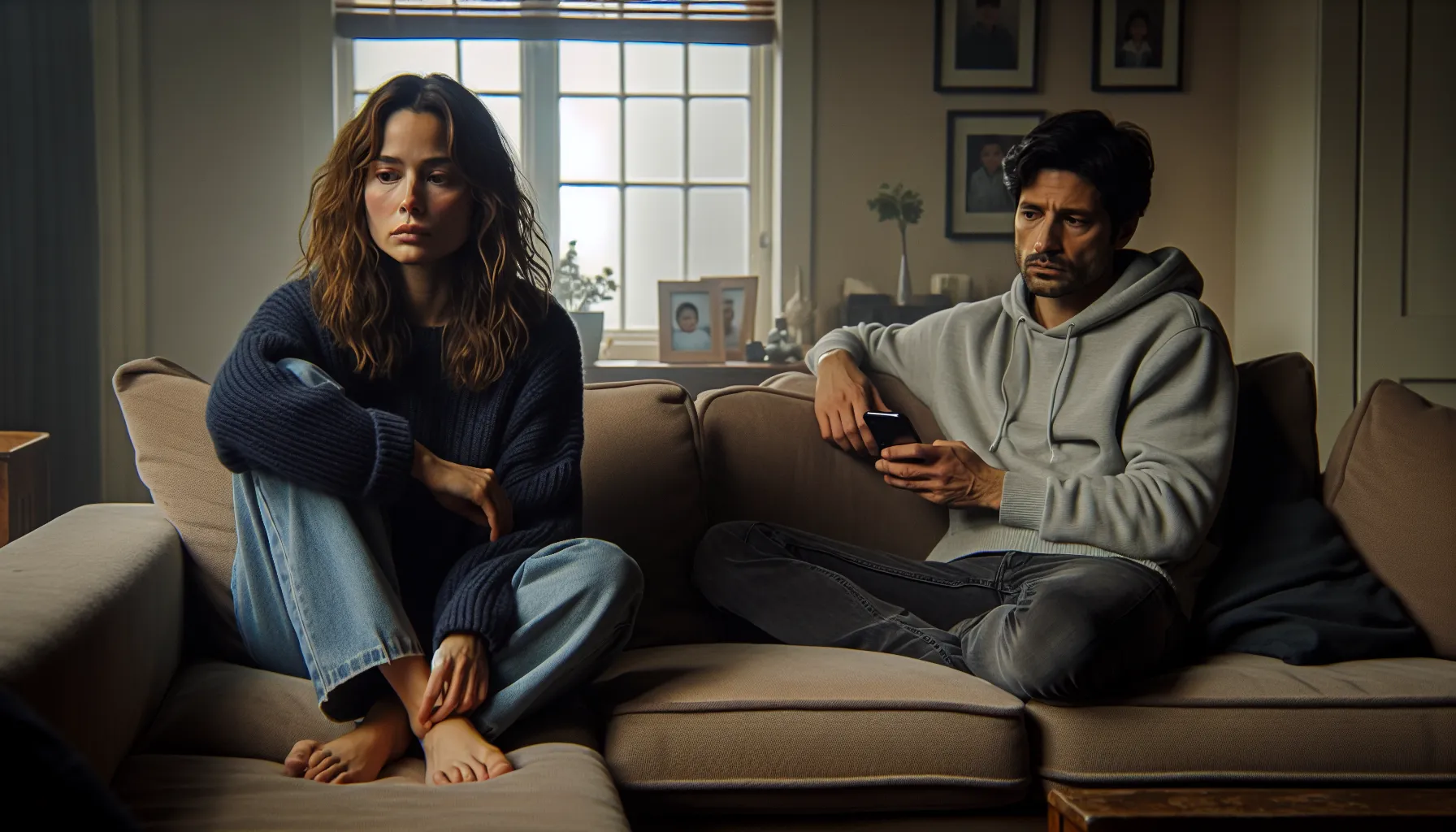 a couple sitting apart on a couch, showing emotional distance.