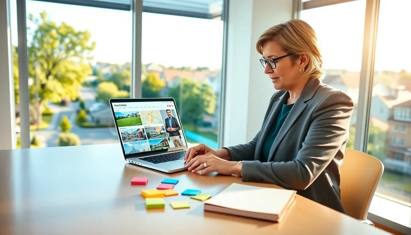 A woman exploring real estate listings on a laptop in a modern office.