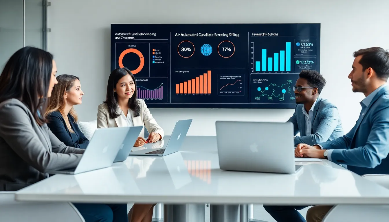 HR team discussing AI technology in a modern office.